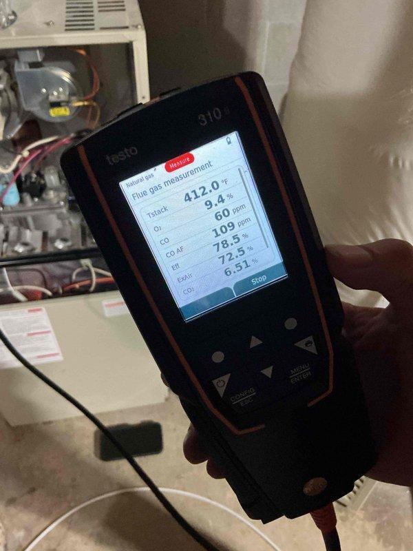 Performed comprehensive annual tune-up on 31-year-old Bryant furnace. Inspection revealed heat exchanger with temperature stress but no structural failures, functioning igniter and flame sensor, operational control board and good blower capacitor. Combustion analysis with Testo 310 confirmed clean burning efficiency (78.5%) with acceptable CO levels. Noted some dirt accumulation on blower wheel. System is operating safely and properly.