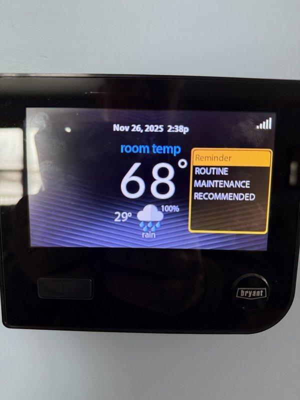 Woodville, WI - Responded to service call regarding "needs maintenance" alert displayed on Bryant thermostat following routine maintenance performed in August. Verified system was operating correctly with no active faults. Explained to homeowner that the notification was a standard reminder for scheduled maintenance rather than an operational issue. Reset maintenance reminder on thermostat.