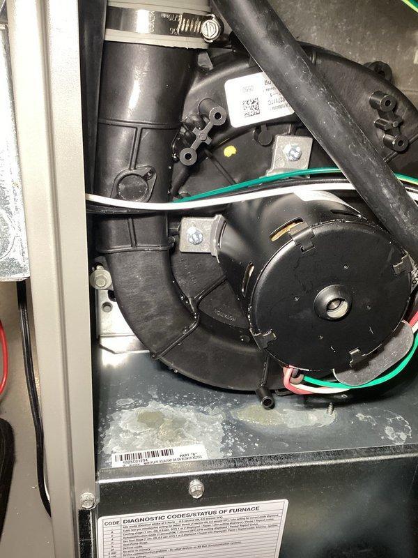 Fall Creek, WI - Responded to warranty service call for furnace with "no heat" notification on thermostat installed in March. Diagnostic inspection revealed no stored errors in thermostat or control board, but identified condensate leak from rubber inducer coupling in upper cabinet. Tightened coupling to resolve leak and verified proper system operation with 60° temperature rise at maximum heating rate. Informed customer that intermittent Wi-Fi connectivity may have caused communication issue.