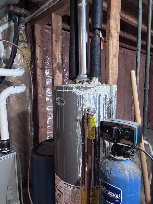 Successfully installed customer-supplied LP gas water heater (Richmond model) in unfinished basement area. Properly connected black insulated pipes to the top of the unit and positioned the heater adjacent to customer's blue WaterMate tank. Noted presence of mineral deposits on exterior of tank, likely from previous unit.