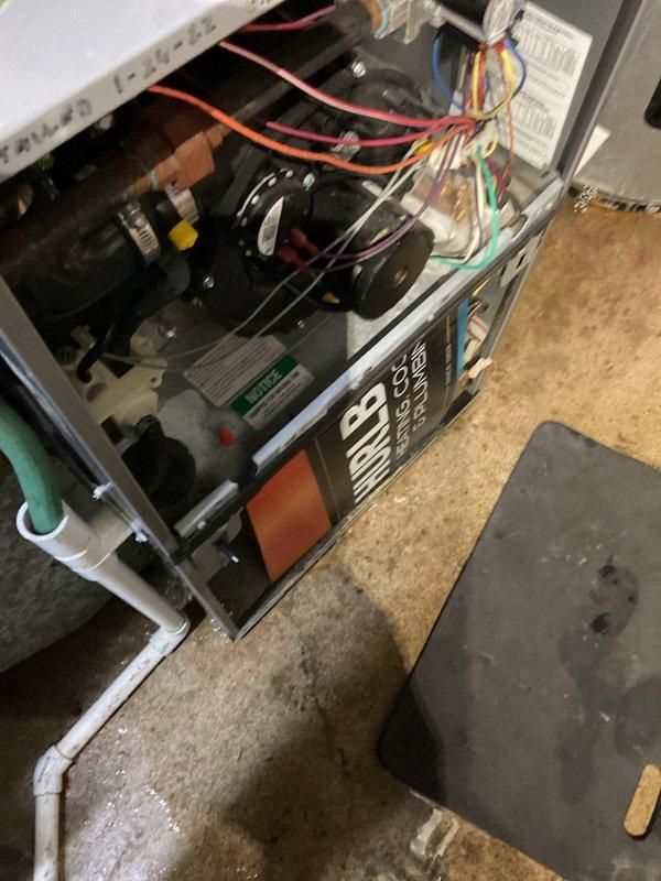 Responded to no heat complaint at customer's café. Diagnosed York furnace showing fault code 57 (pressure switch failure) that persisted even in fan-only mode. Found severely clogged 14x14x1" filter that customer was unaware of, significant water accumulation around unit from leaking water heater, and evidence of multiple previous repairs. After unsuccessful attempts to jump terminals and power the blower with 24V, customer was advised to contact plumber for water heater leak and schedule follow-up for either component replacement or full system replacement consultation.