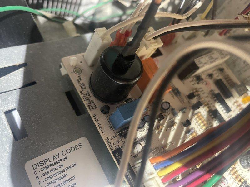 Pepin, WI - Responded to no heat emergency call. Diagnosed faulty control board in furnace system as evidenced by visual inspection of circuit components. Submitted parts order form for replacement control board to restore heating functionality.