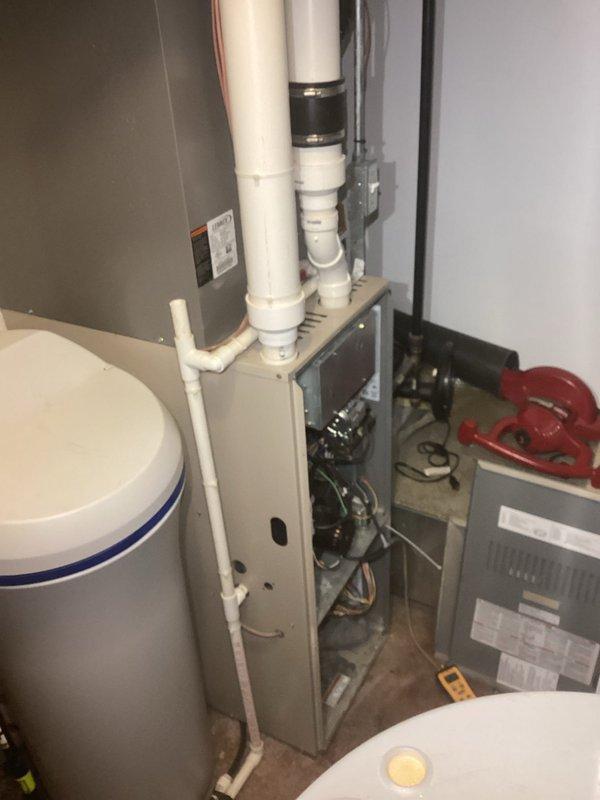 Responded to no-heat call for 16-year-old furnace. Diagnosed potential pressure switch malfunction causing system failure. Performed system check and temporarily restored operation. Recommended pressure switch replacement and scheduled comprehensive inspection of upstairs furnace unit as preventative maintenance.