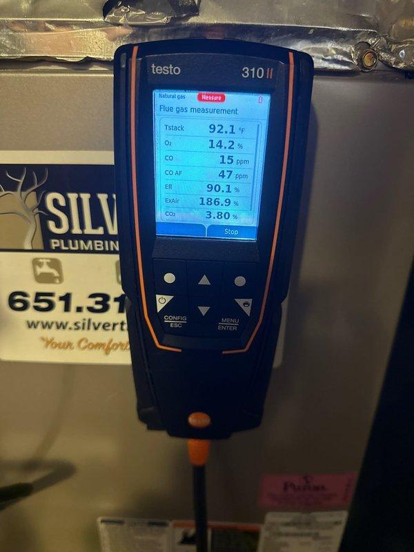 Woodbury, MN - Successfully replaced warranty heat exchanger with normal access, requiring a full day with helper. System is now operating safely with verified combustion readings (CO: 15 ppm, efficiency: 90.1%, CO2: 3.80%) as confirmed with Testo 310 II analyzer. Payment was collected through provided link.