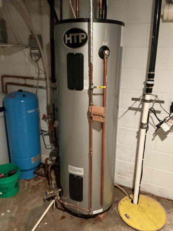 Responded to service call for leaking water heater. Upon inspection, determined the top heating element was compromised with a bad gasket causing the leak. Confirmed tank integrity was sound with no structural issues. Replaced the defective heating element, resolving the leak issue and restoring proper operation of the HTP water heater.