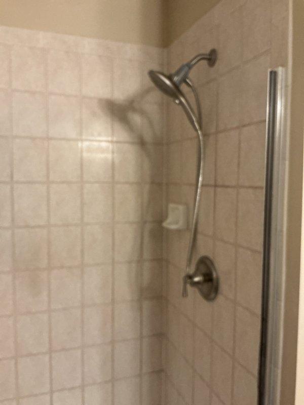 Completed shower valve replacement in bathroom. Removed old Delta cartridge that customer was unable to extract and installed new Moen shower valve with matching trim kit. Verified proper operation of new handheld showerhead with flexible hose mounted on adjustable bracket. System now functioning correctly with no leaks observed.