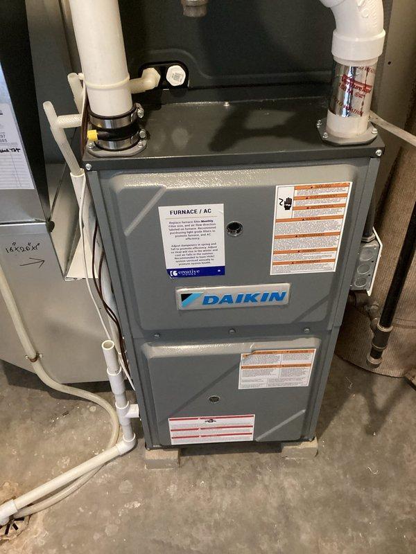 Responded to no heat call for Daikin furnace system. Diagnosed high limit switch code; confirmed limit switches functioning properly. Discovered air filter clogged with white dust and deteriorating humidifier pad causing airflow restriction. Replaced both customer-supplied air filter and humidifier pad. Adjusted humidifier settings to properly synchronize with furnace fan operation. System now operating normally with proper airflow and heat production.