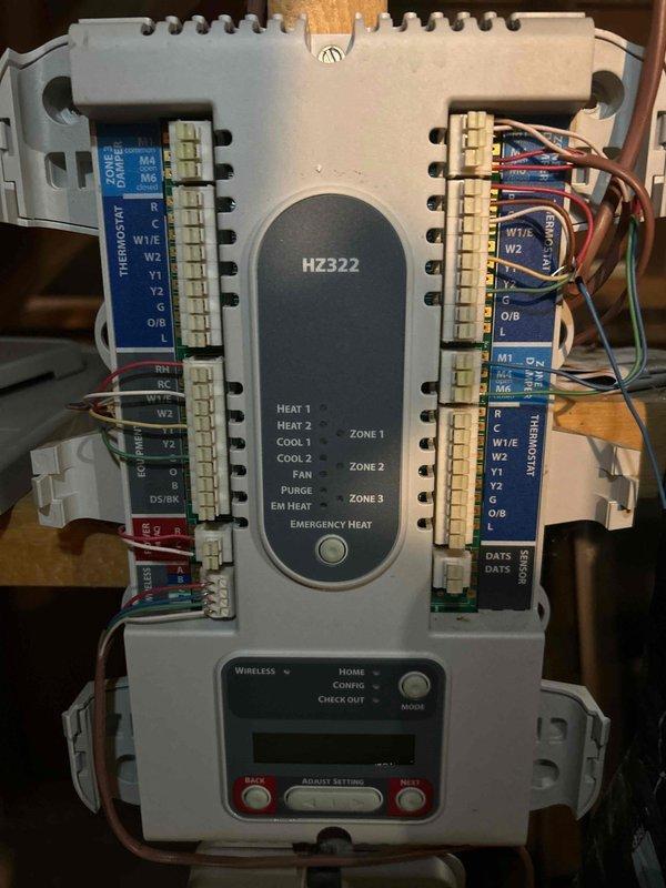 Responded to service call for non-functional furnace in a multi-zone Honeywell system. Diagnostic testing revealed system receiving 24V but not initiating heating cycle, likely due to moisture damage. No error codes present on furnace. Examined zone controller (HZ322) and internal wiring connections. Information forwarded to parts specialist for control board replacement estimate.