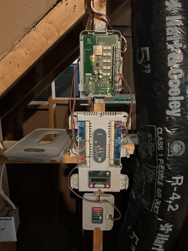 Responded to no heat complaint where home temperature was 58°F despite recent thermostat repairs. Diagnosed multiple zone system failures in 14-year-old Carrier furnace, including failed zone panel, dampers, and motors. Replaced zone panel and installed 2 new zone motors and controls under warranty, restoring proper heating function to all zones before anticipated cold weather.