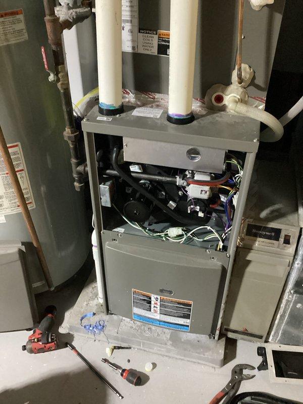 Performed warranty service on furnace system, replacing damaged collector box and installing missing turbulator in secondary heat exchanger per previous authorization. Secondary heat exchanger issue was recurring based on observed damage. Completed full inspection of Carrier unit to verify proper operation after component replacement.