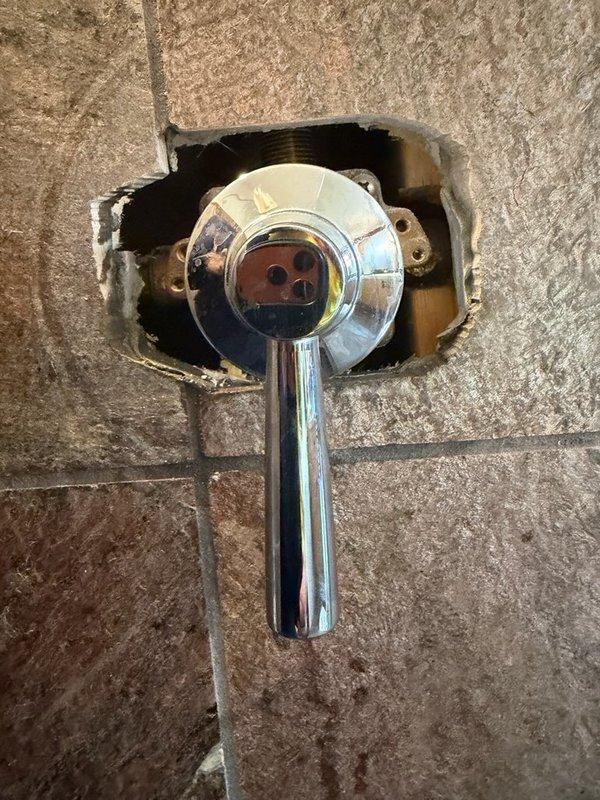 Successfully replaced leaking shower valve that was exhibiting leakage from the valve body shutoffs. Removed damaged section of wall to access the valve assembly, then installed new shower cartridge and handle with chrome escutcheon plate, restoring proper function to the fixture.