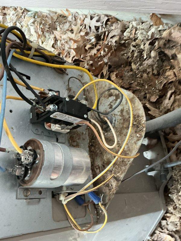 Responded to no-cooling complaint on 20-year-old R-22 central air conditioning system. Upon inspection, discovered rodent damage to electrical wiring and a failed dual capacitor reading out of specification. Repaired chewed wiring connections and replaced the dual capacitor to restore compressor operation. Also performed safety inspection of the 20-year-old furnace, including heat exchanger examination, which passed visual inspection. System restored to operational status with cooling function confirmed. Recommended comfort advisor consultation due to age of equipment and R-22 refrigerant phase-out considerations.