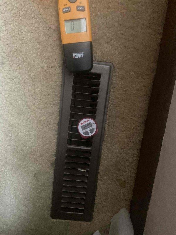 Responded to post-installation callback for new furnace with reported lack of airflow to upstairs. Inspection revealed significant rust and corrosion in the unit's housing, indicating moisture damage. Temperature and airflow measurements at the register confirmed insufficient output; system was adjusted to restore proper airflow distribution and eliminate potential carbon monoxide concerns.