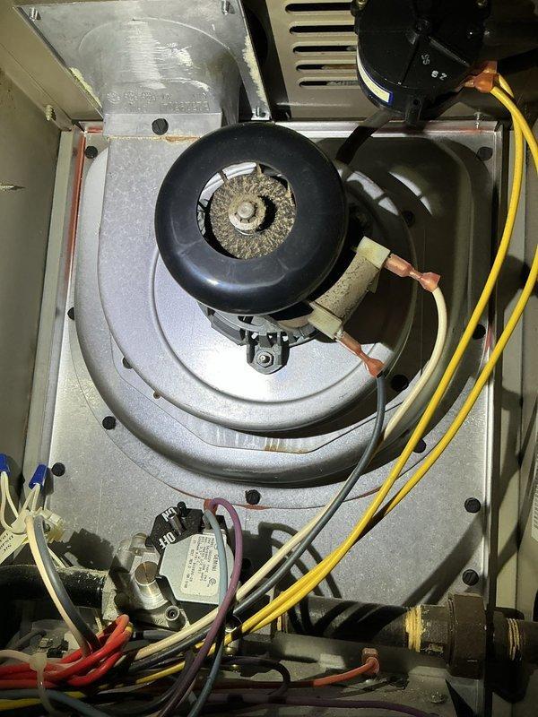 Diagnosed and resolved no heat issue on 23-year-old Goodman 80% furnace. Inspection revealed draft motor was sticking, causing pressure switch failure and system shutdown. Replaced draft motor, which restored proper system operation and heat function. Visual inspection also noted dust accumulation on blower wheel and discoloration on control board that may require future attention.