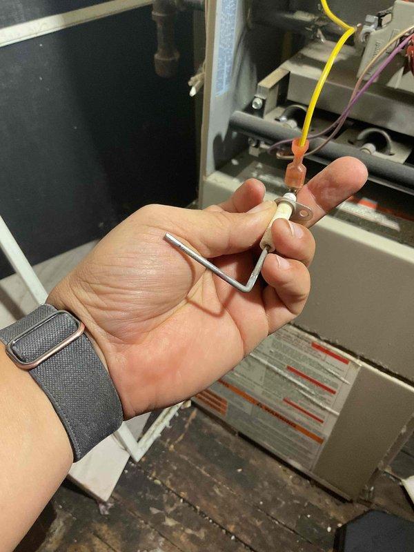 Responded to no-heat call for a Ducane furnace that was cycling off shortly after startup. Diagnosed dirty flame sensor causing improper flame detection and premature system shutdown. Cleaned flame sensor to restore proper operation and replaced dirty air filter. Noted beginning signs of wear on heat exchanger that should be monitored during future maintenance visits.