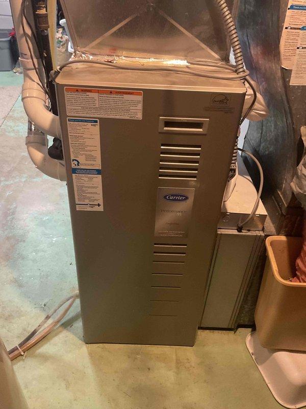 Performed furnace tune-up on aging Carrier natural gas system. Diagnostic testing with C16T Combustion Analyzer revealed secondary heat exchanger beginning to fail, with CO levels fluctuating above 100 ppm. Due to age of unit and safety concerns, recommended and completed replacement of the entire furnace system.