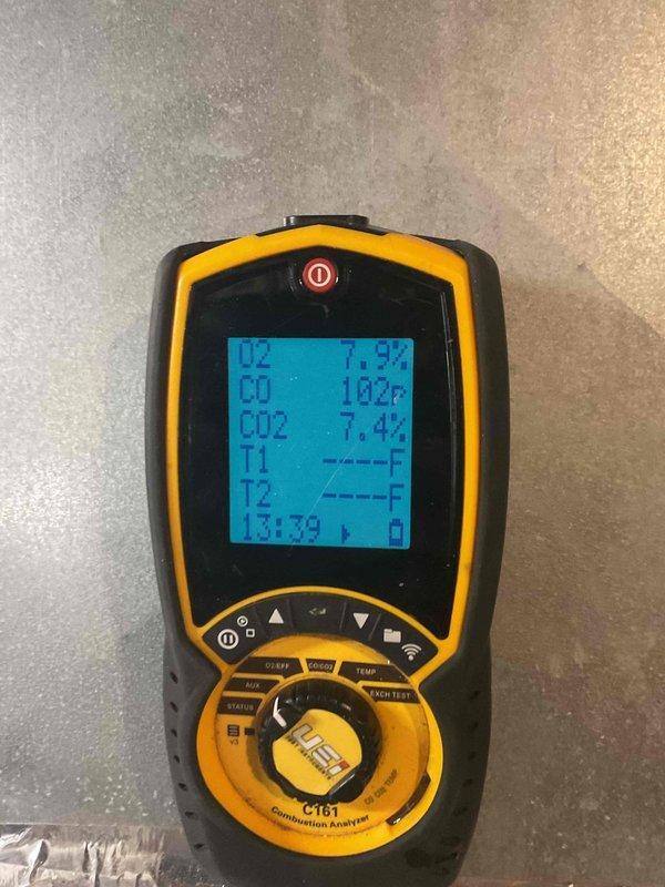 Performed furnace tune-up on aging Carrier natural gas system. Diagnostic testing with C16T Combustion Analyzer revealed secondary heat exchanger beginning to fail, with CO levels fluctuating above 100 ppm. Due to age of unit and safety concerns, recommended and completed replacement of the entire furnace system.
