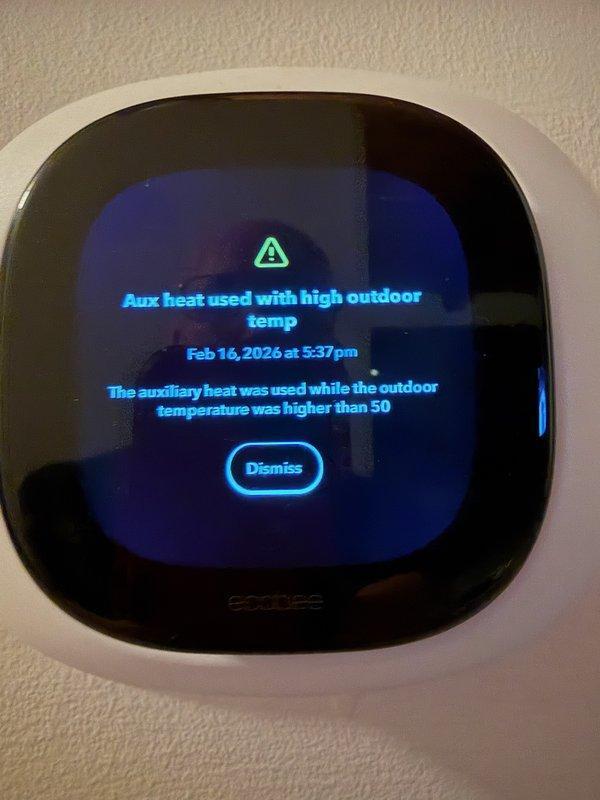 Shakopee, MN - Responded to service call for heat pump system exhibiting low pressure lockout and Ecobee thermostat error alert "Aux heat used with high outdoor temp." Reset system, verified proper operation with 87°F supply temperature, and configured unit to operate when outdoor temperature exceeds 45°F.