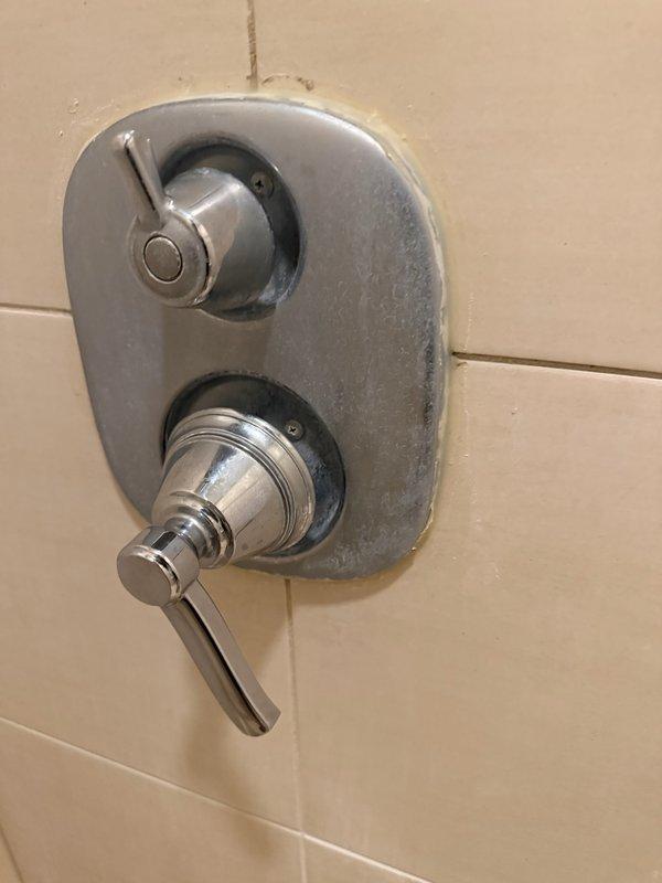 Responded to shower valve operating difficulty and leaking issue. Diagnosed faulty Moen cartridge causing stiff handle operation and water seepage. Removed existing cartridge from dual-control shower valve assembly and installed new replacement Moen cartridge. Tested operation to ensure smooth lever function and verified leak was eliminated.