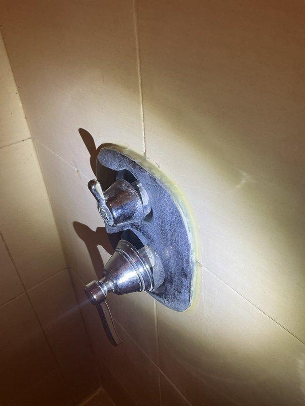 Responded to shower valve operating difficulty and leaking issue. Diagnosed faulty Moen cartridge causing stiff handle operation and water seepage. Removed existing cartridge from dual-control shower valve assembly and installed new replacement Moen cartridge. Tested operation to ensure smooth lever function and verified leak was eliminated.