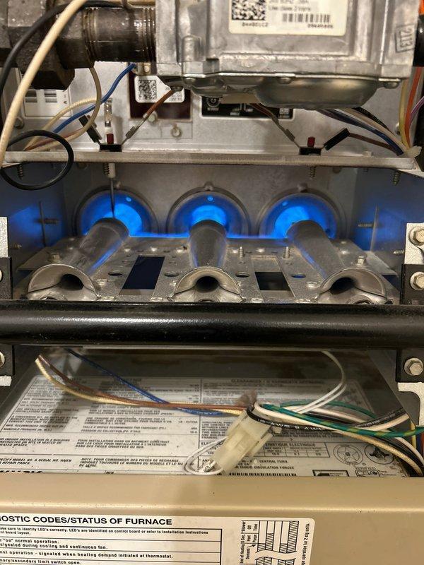 Completed routine furnace inspection on Lennox Merit Series system. Verified clean filter, good condition of flame sensor and ignitor, and solid electrical connections. Documented concerning condition of heat exchanger with photos, recommending annual monitoring. System burning safely at time of service.