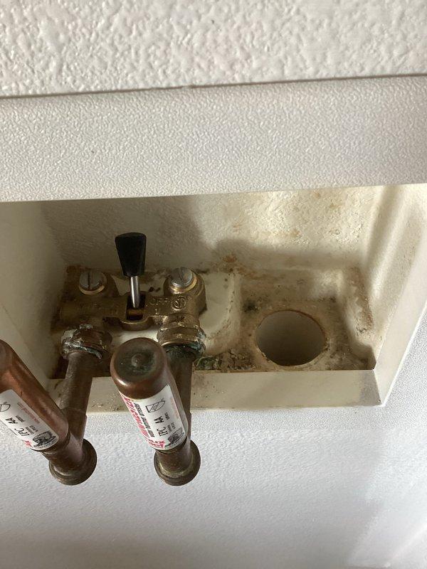 Diagnosed and repaired multiple water leaks at residence. Found corroded washing machine shutoff valve and leaking packing nut on ice maker angle stop. Replaced washing machine shutoff with new 2t-m2 valve and tightened packing nut on ice maker angle stop to resolve leaks. Restored water service to home.