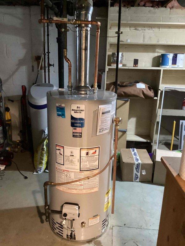Successfully installed a new Bradford White tanked water heater in customer's utility room. Connected all necessary copper water lines, including hot and cold connections with appropriate valves. Ensured proper venting and confirmed unit was functioning according to manufacturer specifications before completing the job.
