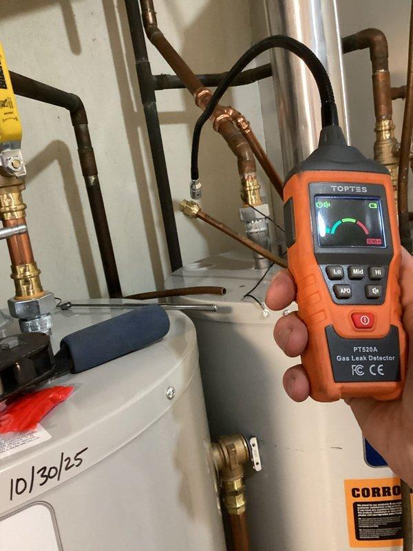 Performed emergency service to decommission and properly secure a natural gas line for customer's conversion from gas to electric appliance. Inspected existing copper gas supply, identified tee connection, and implemented proper termination by installing flared fittings with caps. Verified complete elimination of leaks using TOPTES gas leak detector throughout mechanical room and adjacent piping infrastructure.