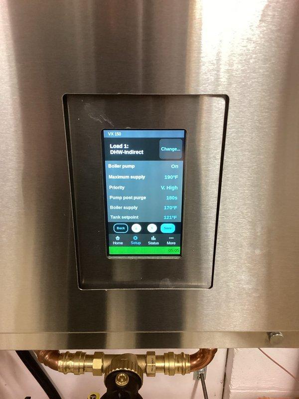 Diagnosed IBC boiler/water heater system experiencing inconsistent domestic hot water supply. Identified undersized boiler unable to meet demand requirements, failing circulator pump on domestic water side producing noise, and need for mixing valve installation. Documented system parameters via control panel showing DHW-indirect load configuration with 121°F tank setpoint, and recommended replacement of both boiler and pump along with mixing valve installation to resolve temperature fluctuations.