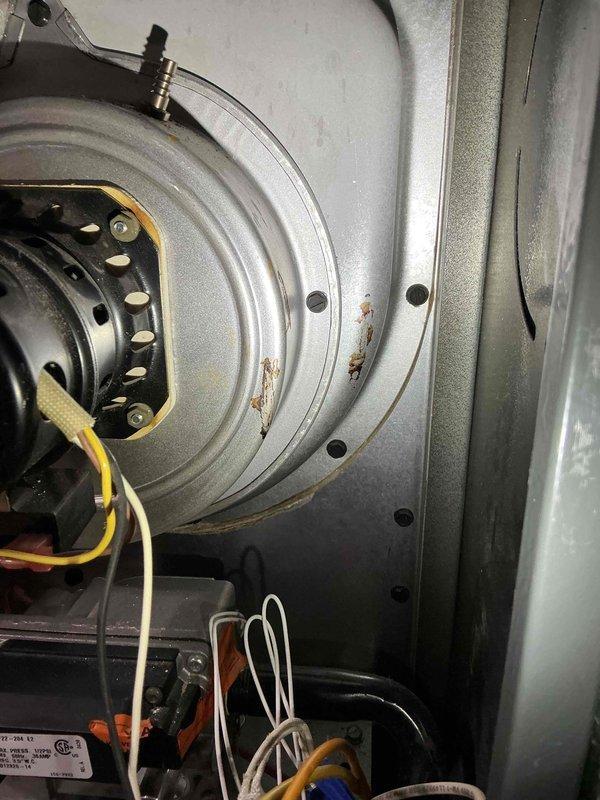 Responded to no heat call for 22-year-old Goodman furnace. Diagnosed issue with draft motor operating but failing to engage pressure switch for ignition sequence. Temporarily restored operation by tapping pressure switch. Verified draft port and pressure switch port were clear of debris. Identified and secured melting wire that was contacting hot draft motor housing. Noted potential heat exchanger crack but could not confirm with certainty; customer informed of associated risks and opted to schedule consultation for furnace replacement.