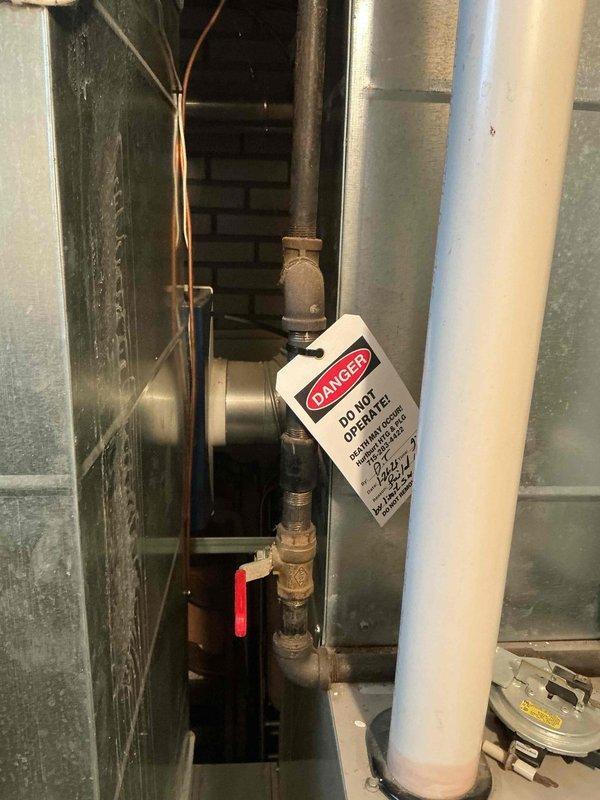 Performed inspection on Lennox natural gas furnace that was unexpectedly shutting down. Diagnostic testing revealed a failed heat exchanger requiring system reset. Documented condition with photos showing internal component wear and attached appropriate warning tag. Recommended replacement estimates for both furnace and AC system.