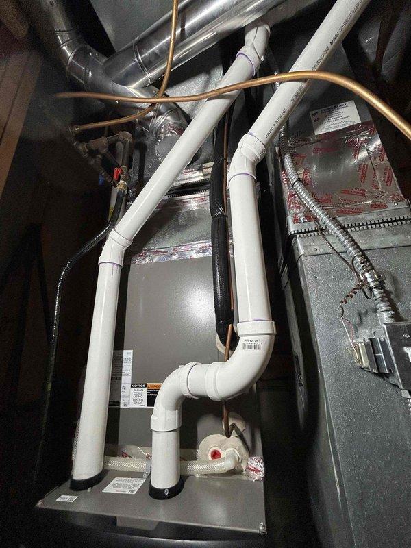 Performed comprehensive maintenance on a 1-year-old furnace. Inspected heat exchanger for wear, conducted combustion analysis, verified proper gas pressure in high/low stages, and examined flame sensor, burners, and blower components. Services included cleaning flame sensor, flushing condensation trap, and clearing pressure switch. System is operating normally with no immediate concerns noted.