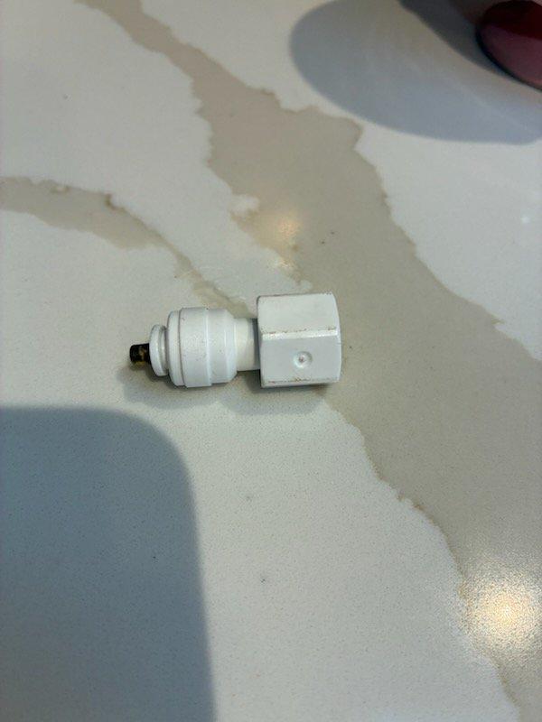 Responded to service call for restricted water flow to refrigerator. Diagnosed issue with existing fitting that was restricting water flow. Replaced defective fitting with appropriate connector to restore proper water supply to refrigerator.