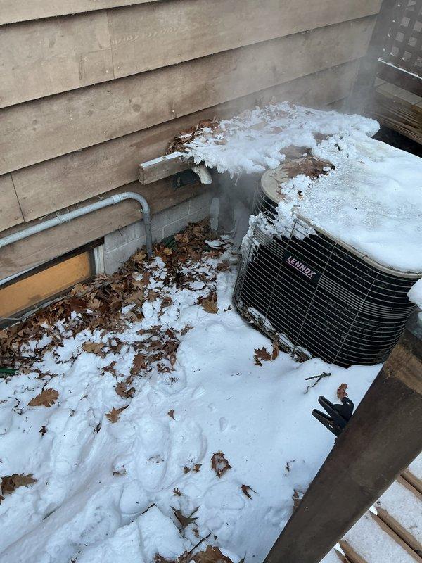 Responded to no heat complaint on 21-year-old Lennox furnace (CM: 2025). Customer had previously cleared exhaust blockage which restored system operation. Inspected control board indicator lights (2 amber, 1 green) confirming normal operation status. Observed significant ice buildup on outdoor unit and drainage pipe. No additional repairs needed as system was functioning properly at time of service.